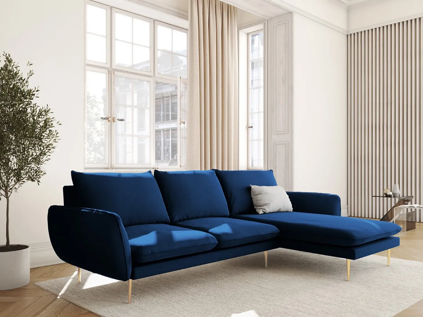 Cosmopolitan Design - Sofá de canto direito "Vienna" 5 lugares em veludo azul real - 255x170x95cm