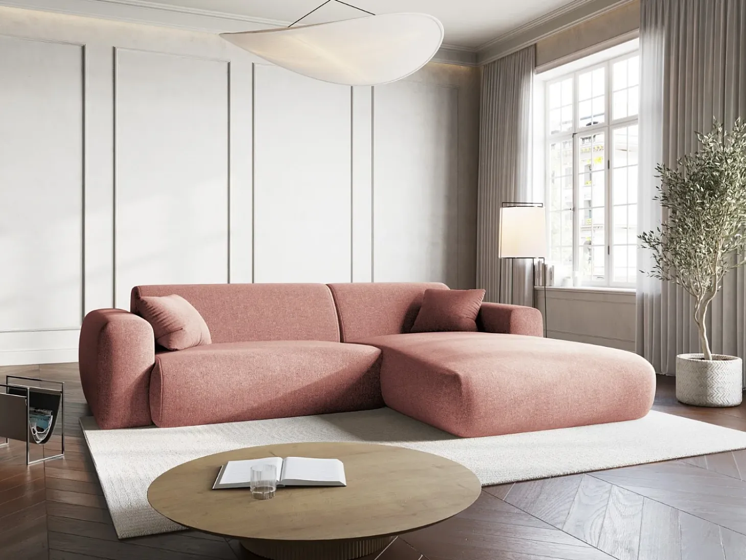 Cosmopolitan Design - Sofá de canto direito "Nolio" 4 lugares em tecido chenille rosa - 235x170x72cm