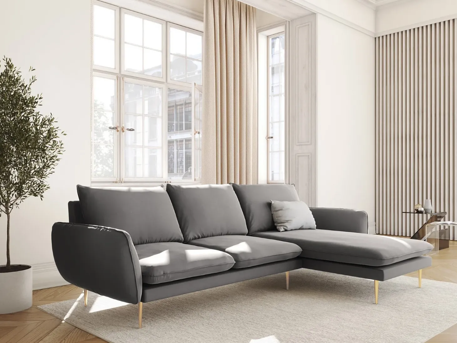 Cosmopolitan Design - Sofá de canto direito "Vienna" 5 lugares em veludo cinza claro - 255x170x95cm