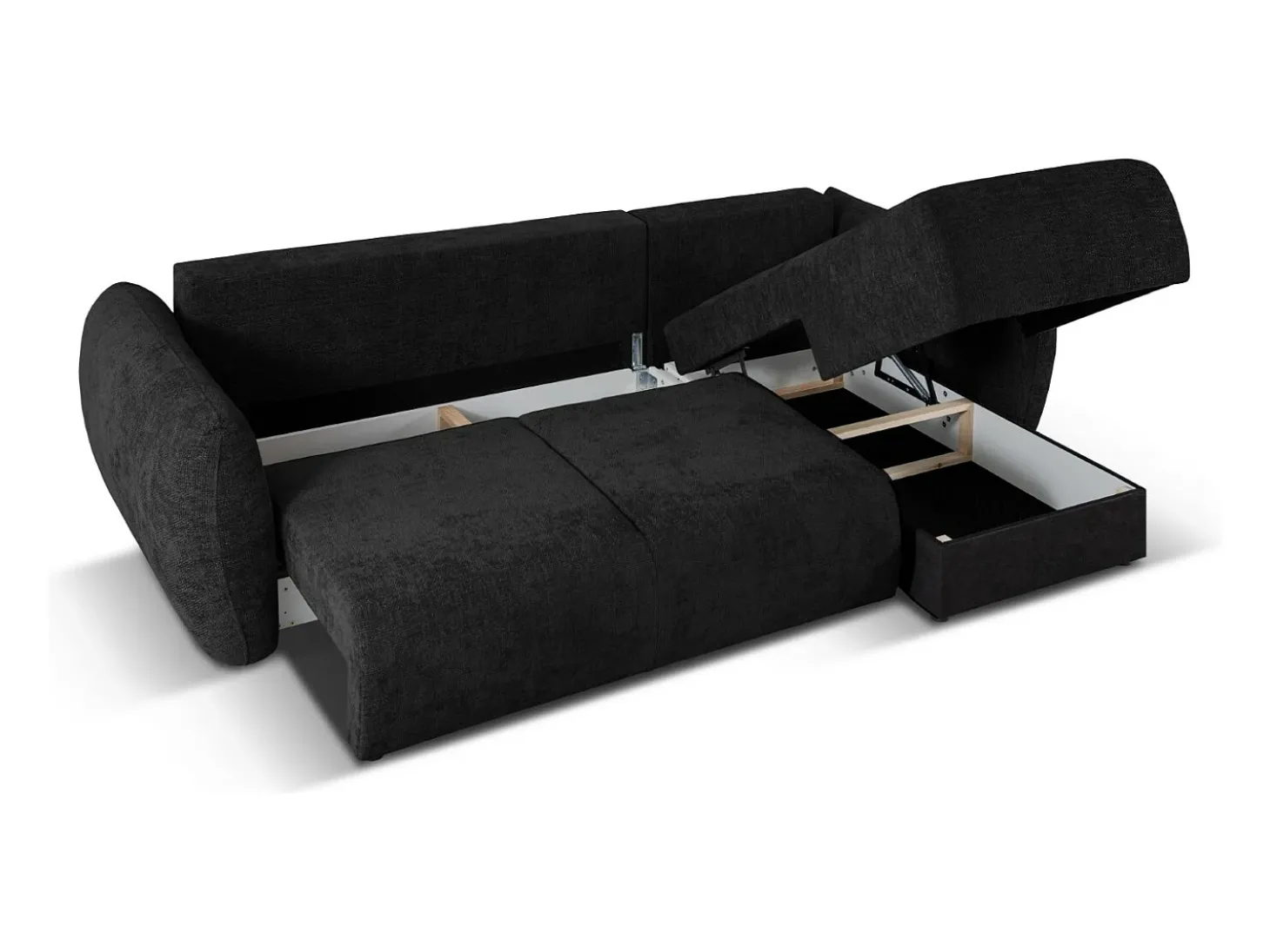 Cosmopolitan Design - Sofá convertível de canto direito com caixa de arrumação "Matera" 4 lugares em tecido chenille preto - 253x173x86cm