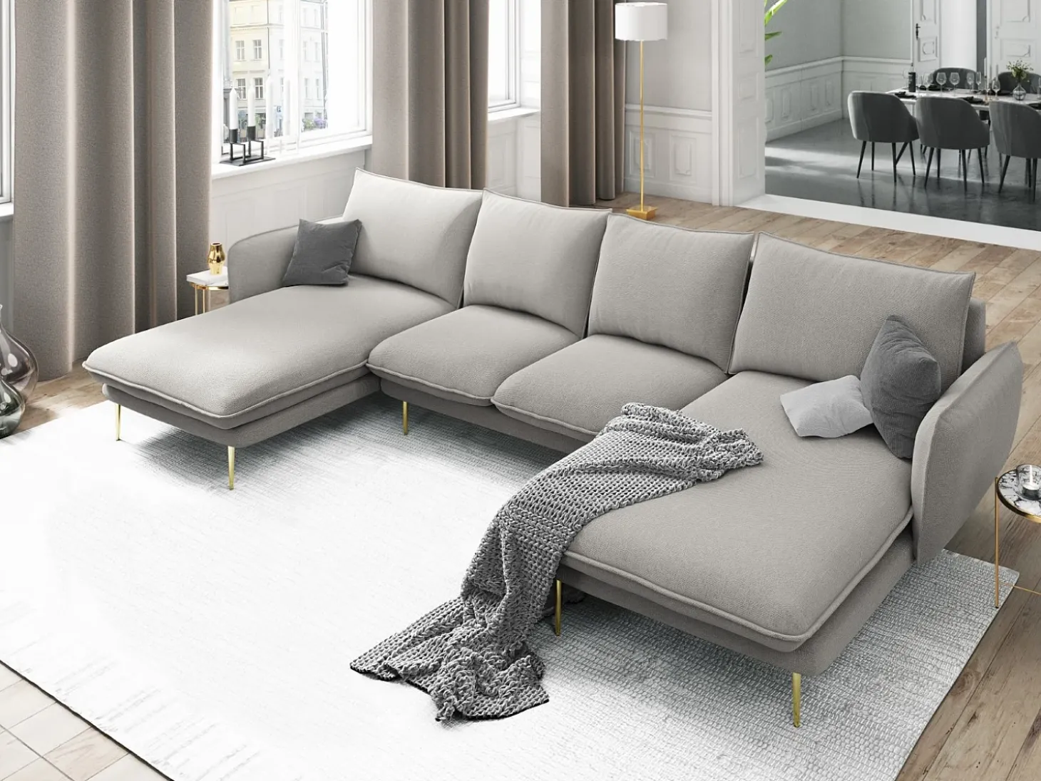 Cosmopolitan Design - Sofá panorâmico "Vienna" 6 lugares em tecido estrutural cinza claro - 350x170x95cm