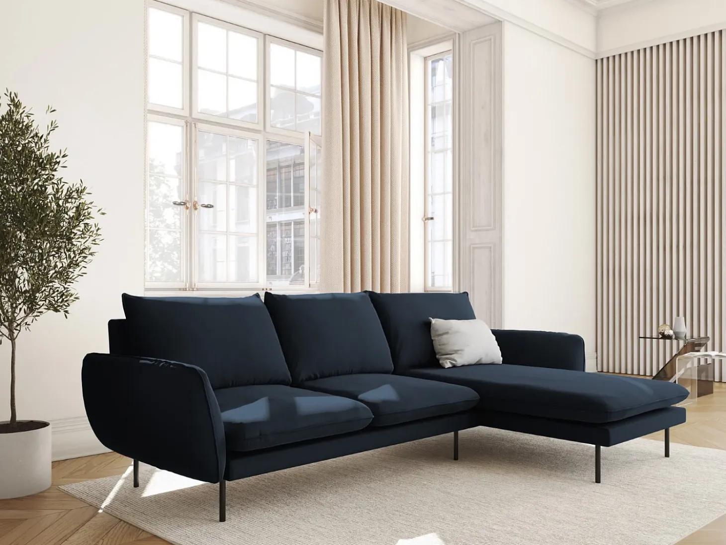 Cosmopolitan Design - Sofá de canto direito "Vienna" 5 lugares em veludo azul escuro - 255x170x95cm