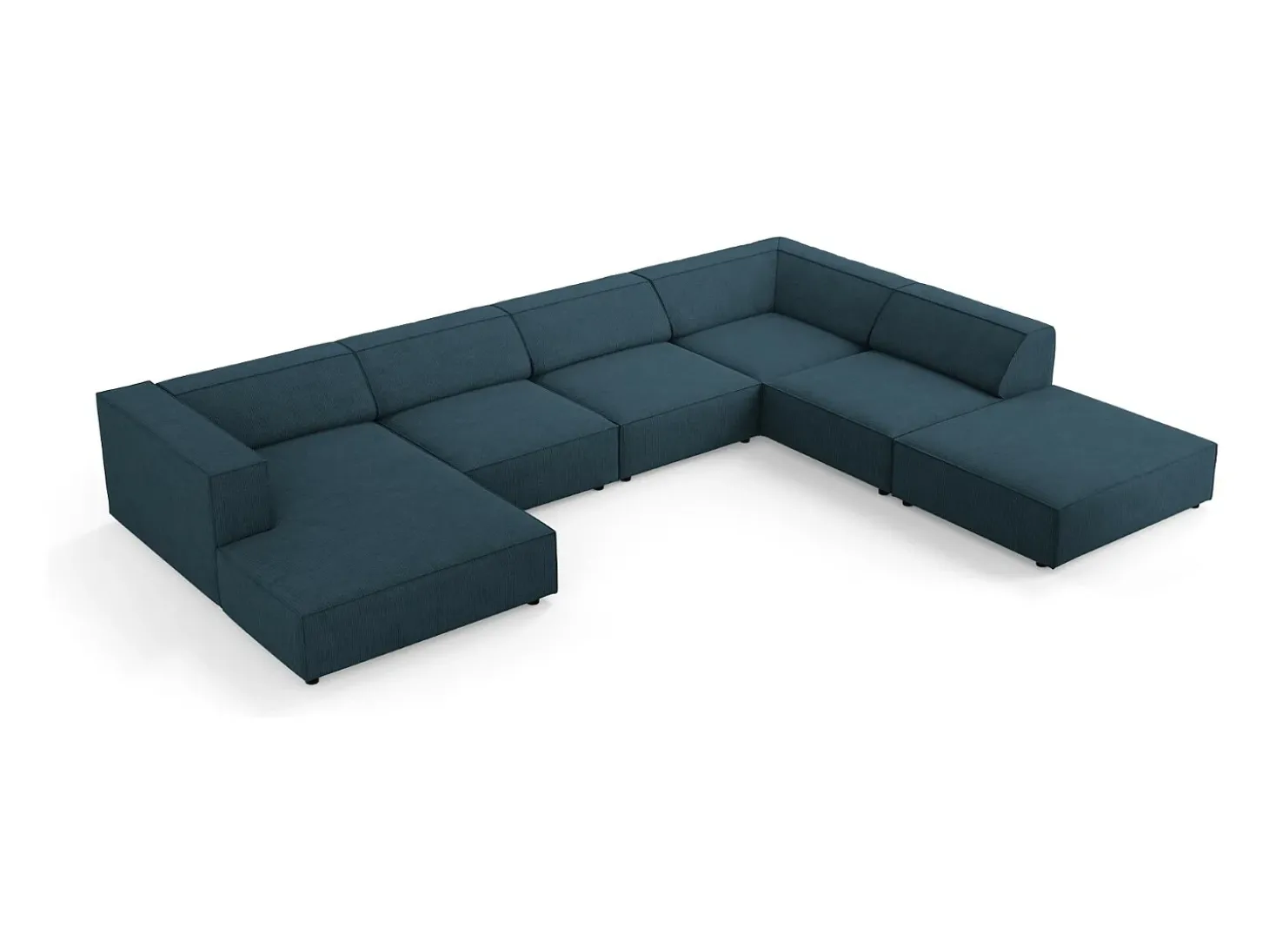 Cosmopolitan Design - Sofá de canto direito panorâmico "Arendal" 7 lugares em tecido chenille com efeito canelado azul marinho - 364x262x70cm