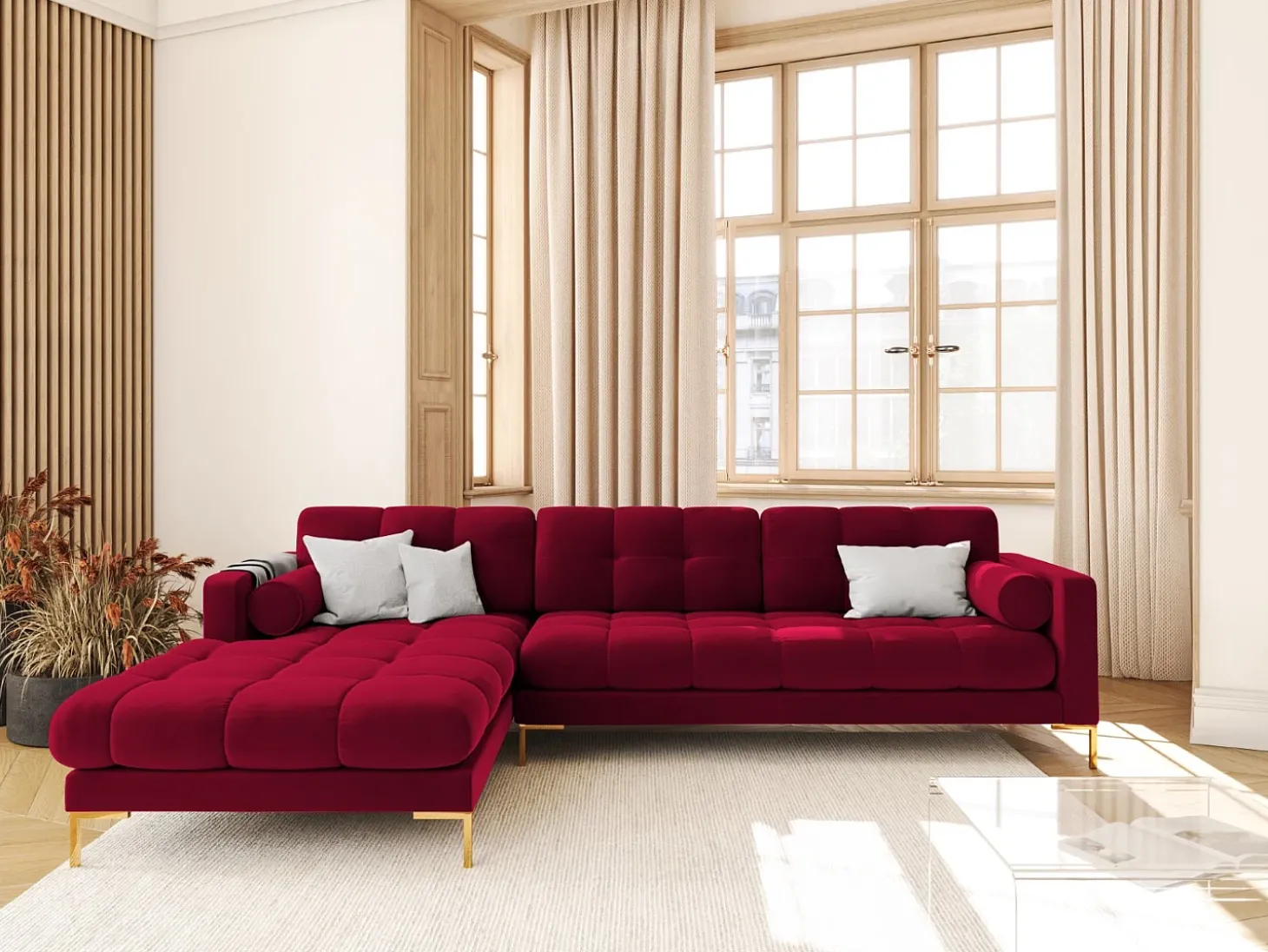 Cosmopolitan Design - Sofá de canto esquerdo "Bali" 5 lugares em veludo vermelho - 293x185x75cm
