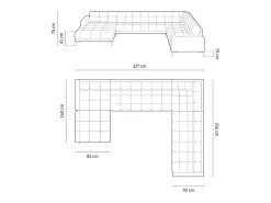 Cosmopolitan Design - Sofá de canto direito panorâmico "Bali" 7 lugares em veludo azul claro - 327x256x75cm
