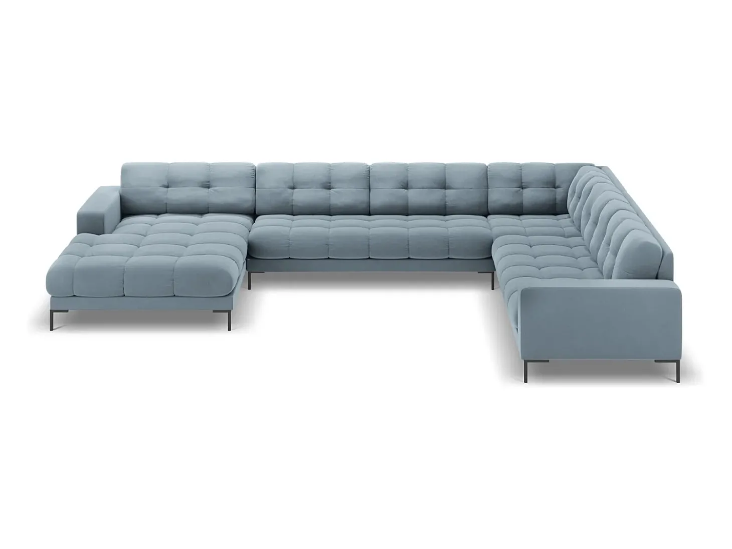 Cosmopolitan Design - Sofá de canto direito panorâmico "Bali" 7 lugares em veludo azul claro - 327x256x75cm