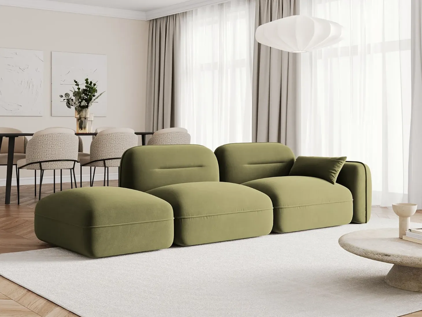 Cosmopolitan Design - Sofá modular virado para a esquerda "Sydney" 3 lugares em veludo verde claro - 295x90x70cm