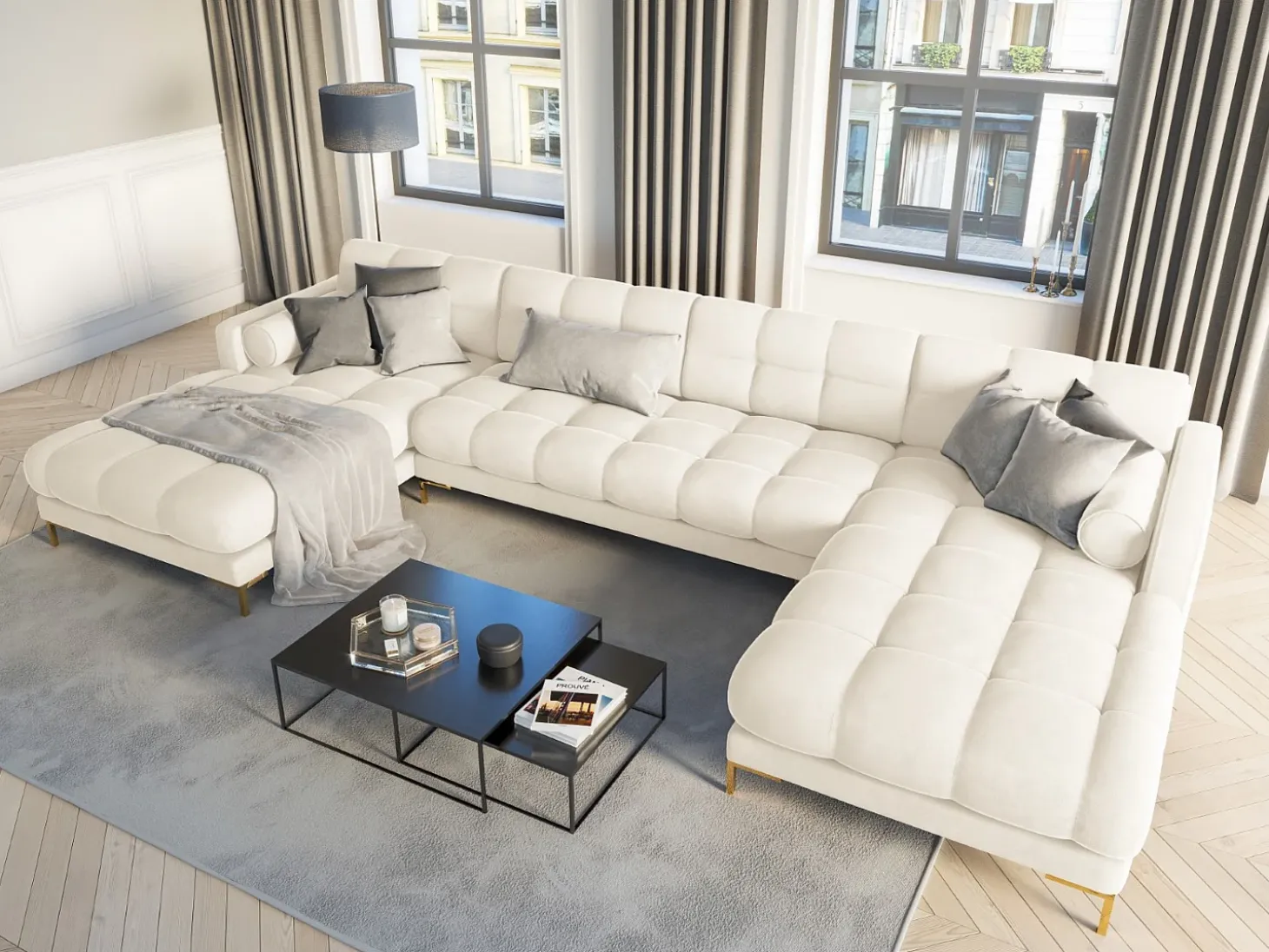 Cosmopolitan Design - Sofá panorâmico "Bali" 7 lugares em veludo bege claro - 383x185x75cm