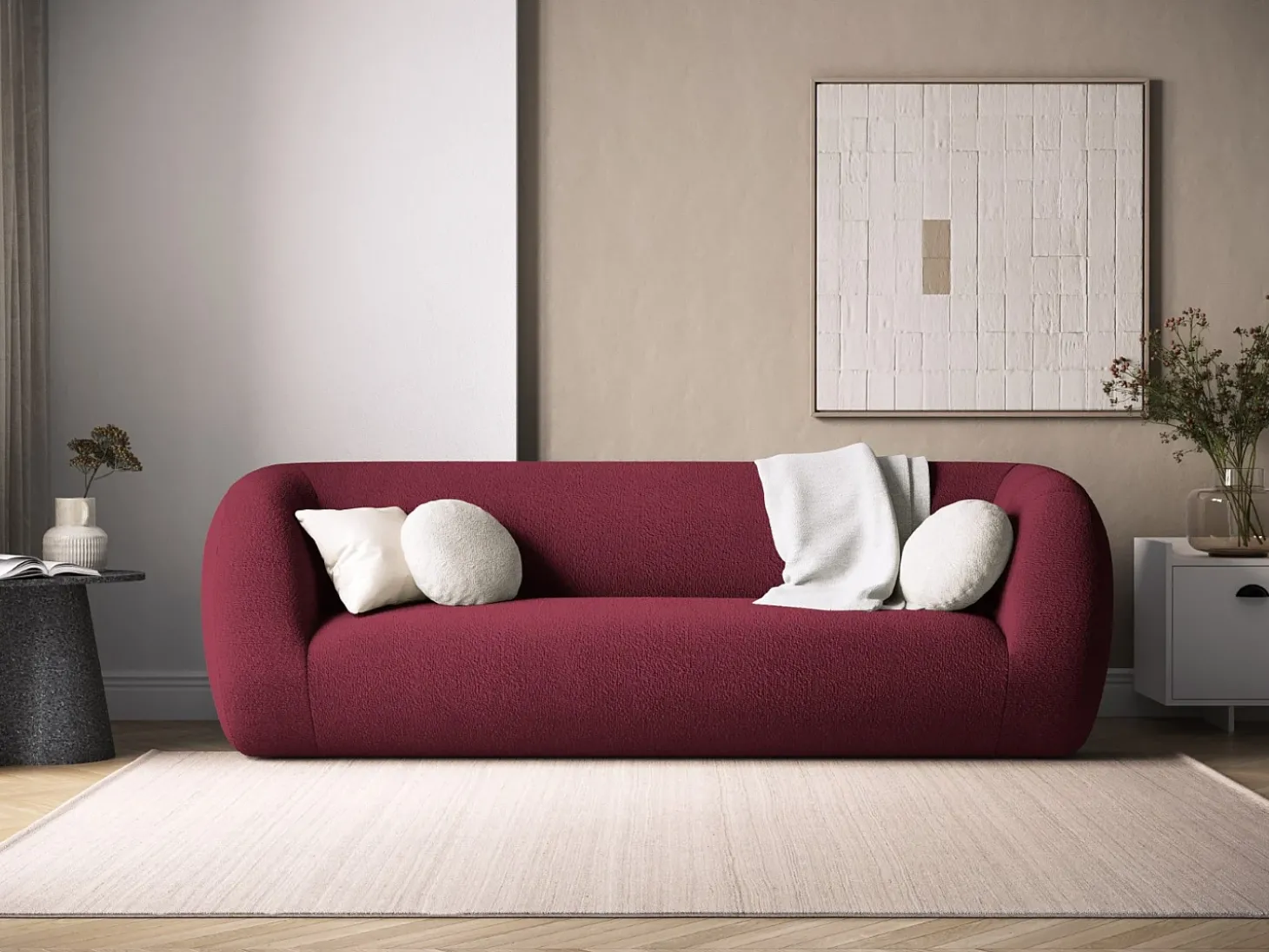 Cosmopolitan Design - Sofá "Essen" 3 lugares em tecido bouclé bordeaux - 230x95x86cm