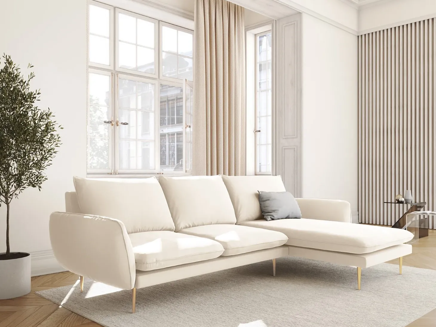 Cosmopolitan Design - Sofá de canto direito "Vienna" 5 lugares em veludo bege claro - 255x170x95cm