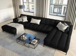 Cosmopolitan Design - Sofá panorâmico "Bali" 7 lugares em veludo preto - 383x185x75cm