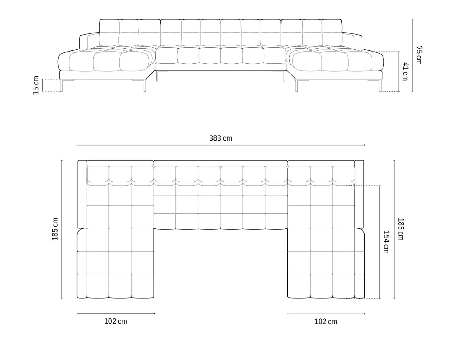 Cosmopolitan Design - Sofá panorâmico "Bali" 7 lugares em veludo amarelo - 383x185x75cm