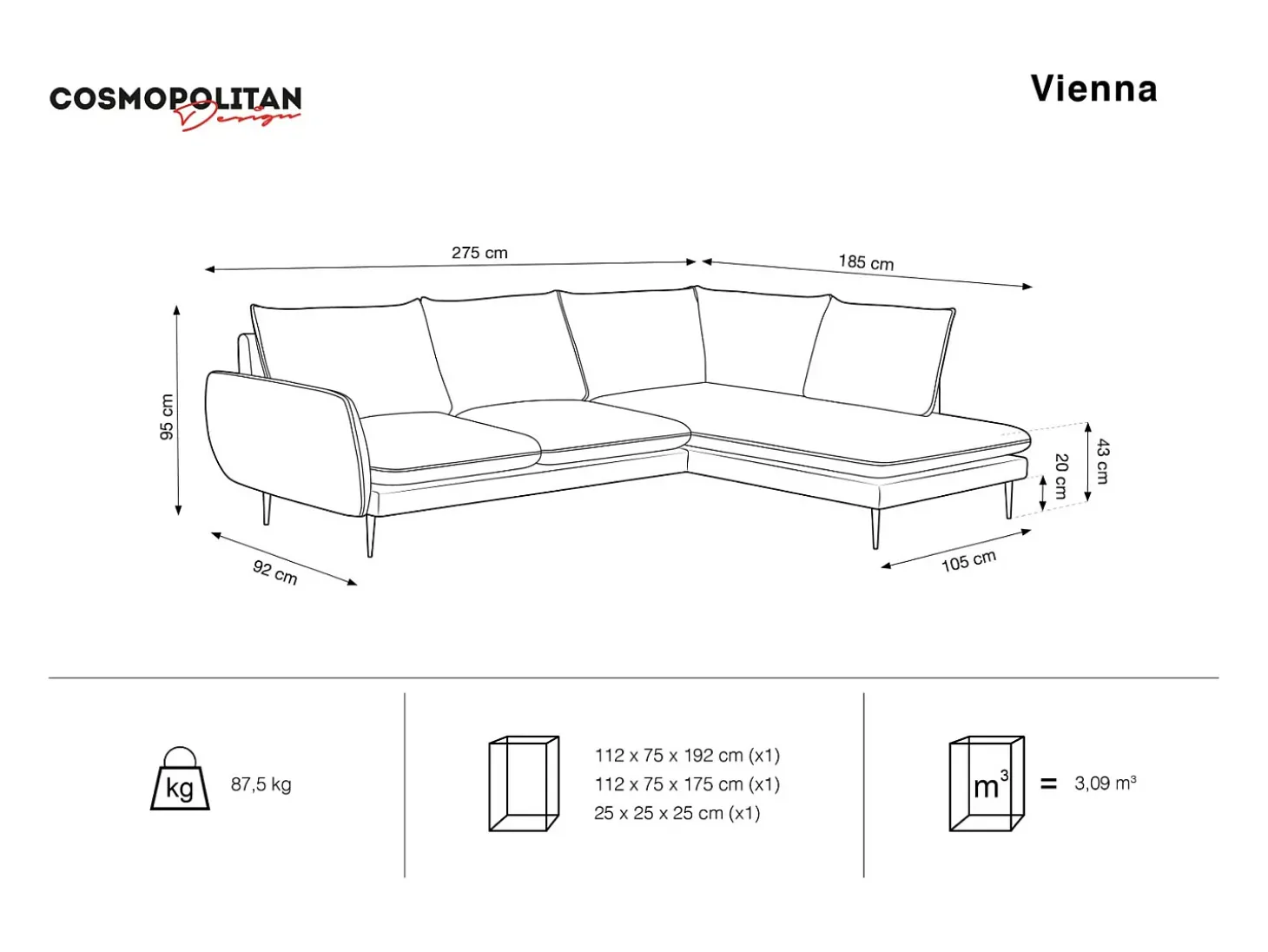 Cosmopolitan Design - Sofá de canto direito "Vienna" 6 lugares em veludo azul escuro - 275x185x95cm