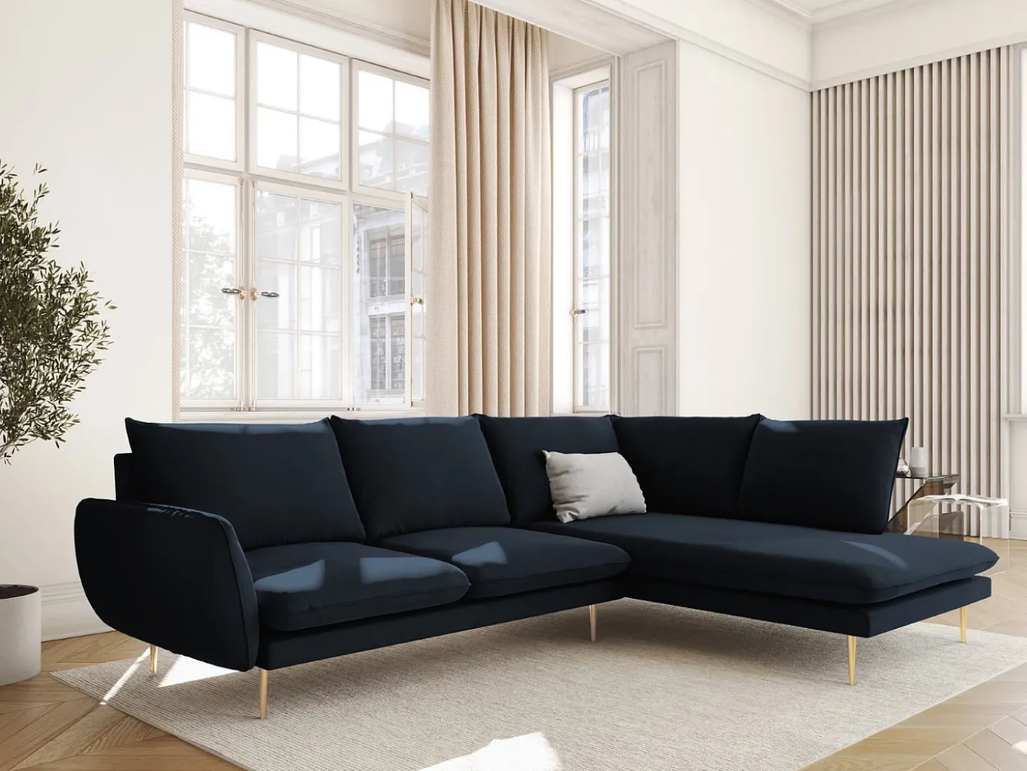 Cosmopolitan Design - Sofá de canto direito "Vienna" 6 lugares em veludo azul escuro - 275x185x95cm