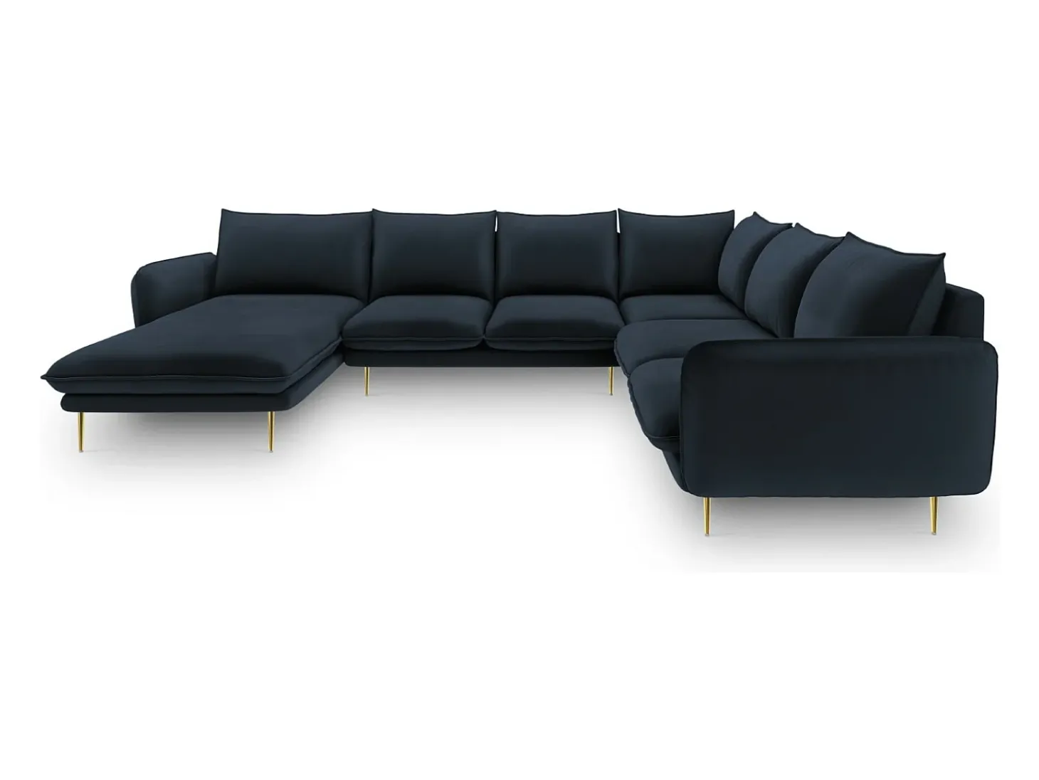 Cosmopolitan Design - Sofá de canto direito panorâmico "Vienna" 7 lugares em veludo azul escuro - 330x235x95cm