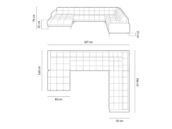 Cosmopolitan Design - Sofá de canto direito panorâmico "Bali" 7 lugares em veludo azul claro - 327x256x75cm