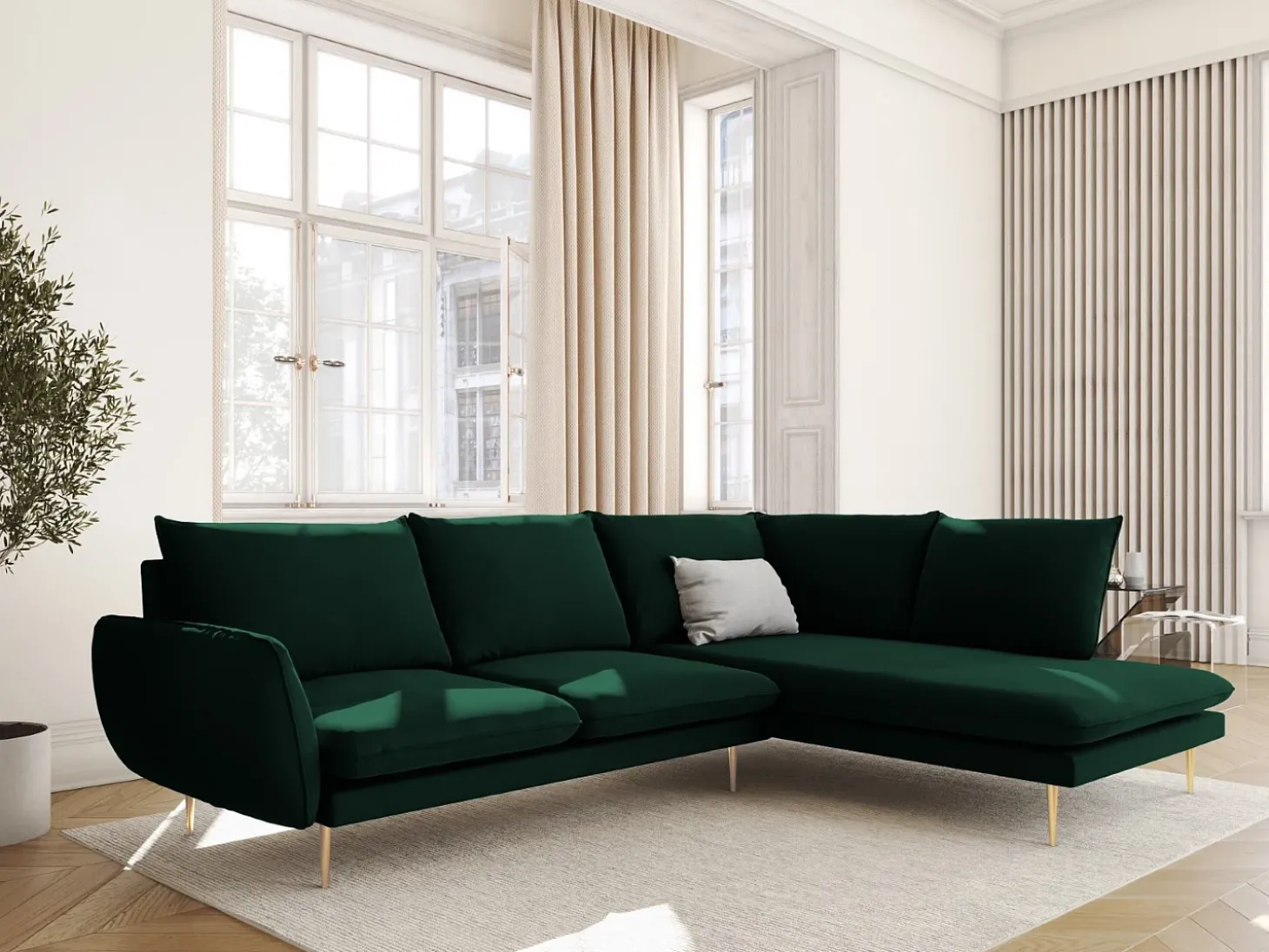Cosmopolitan Design - Sofá de canto direito "Vienna" 6 lugares em veludo verde garrafa - 275x185x95cm