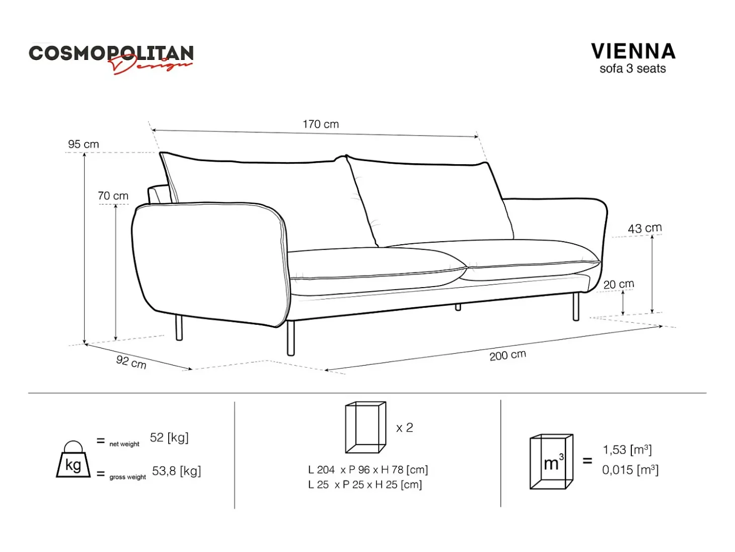 Cosmopolitan Design - Sofá "Vienna" 3 lugares em veludo azul claro - 200x92x95cm