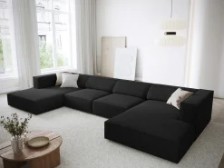 Cosmopolitan Design - Sofá panorâmico "Arendal" 6 lugares em tecido chenille preto - 364x166x70cm
