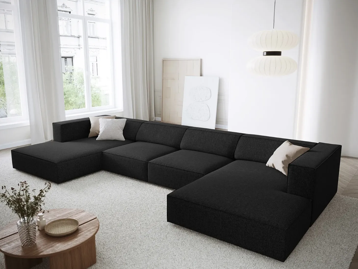 Cosmopolitan Design - Sofá panorâmico "Arendal" 6 lugares em tecido chenille preto - 364x166x70cm