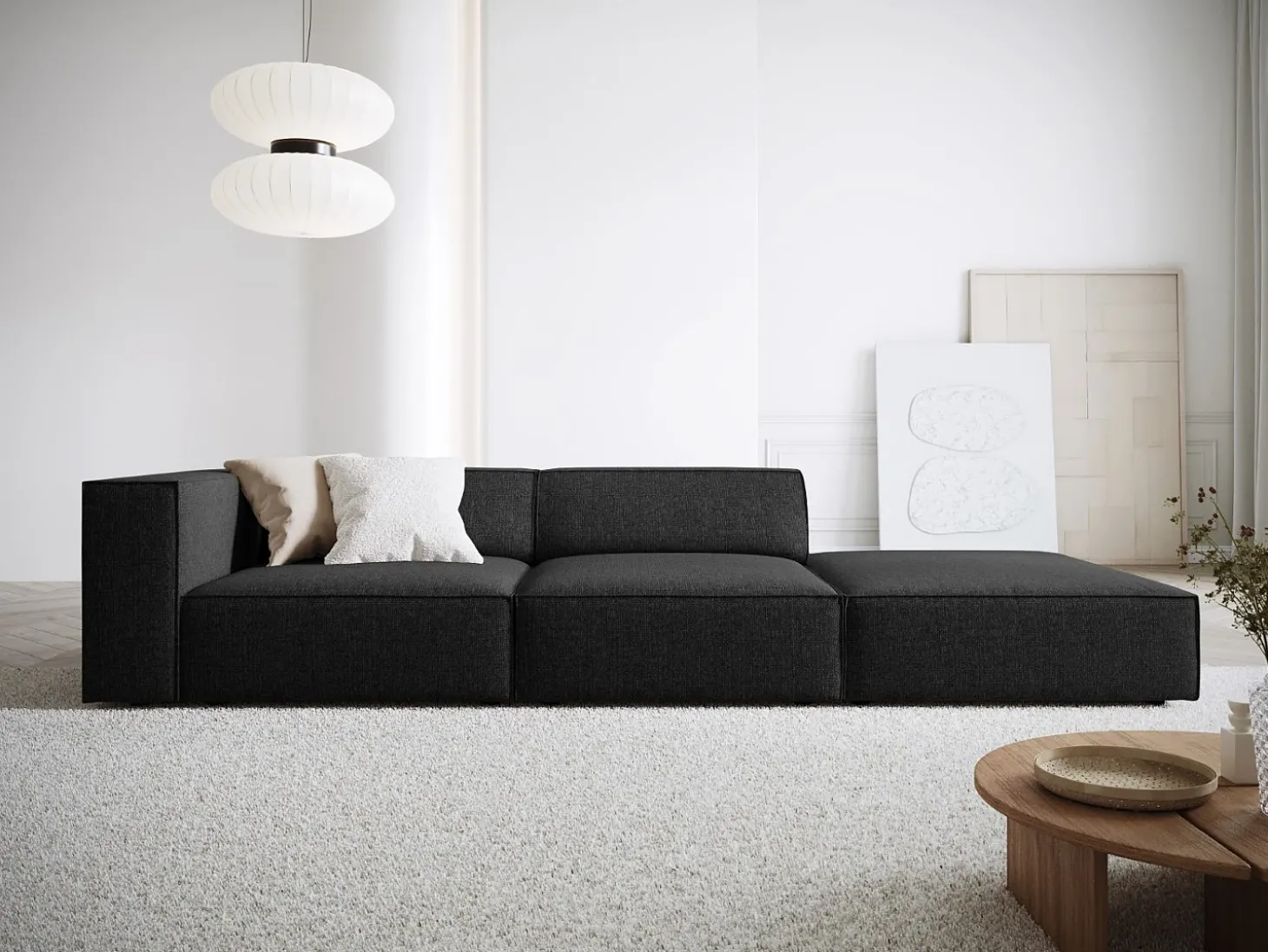 Cosmopolitan Design - Sofá direito "Arendal" 4 lugares em tecido chenille preto - 262x102x70cm