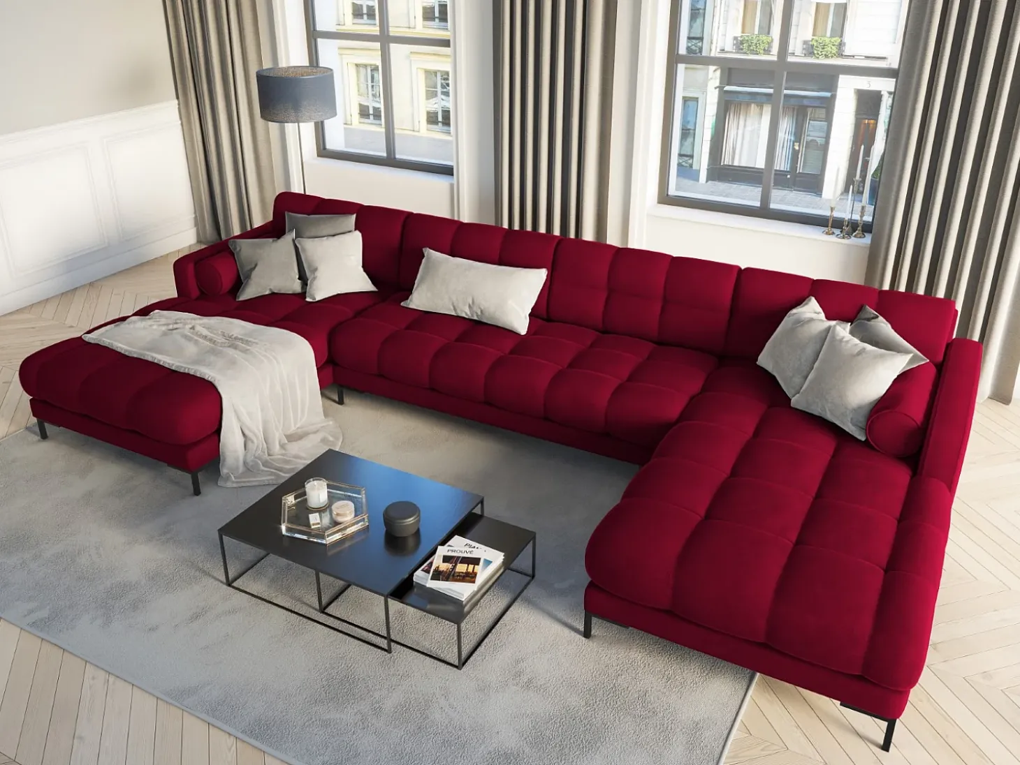 Cosmopolitan Design - Sofá panorâmico "Bali" 7 lugares em veludo vermelho - 383x185x75cm