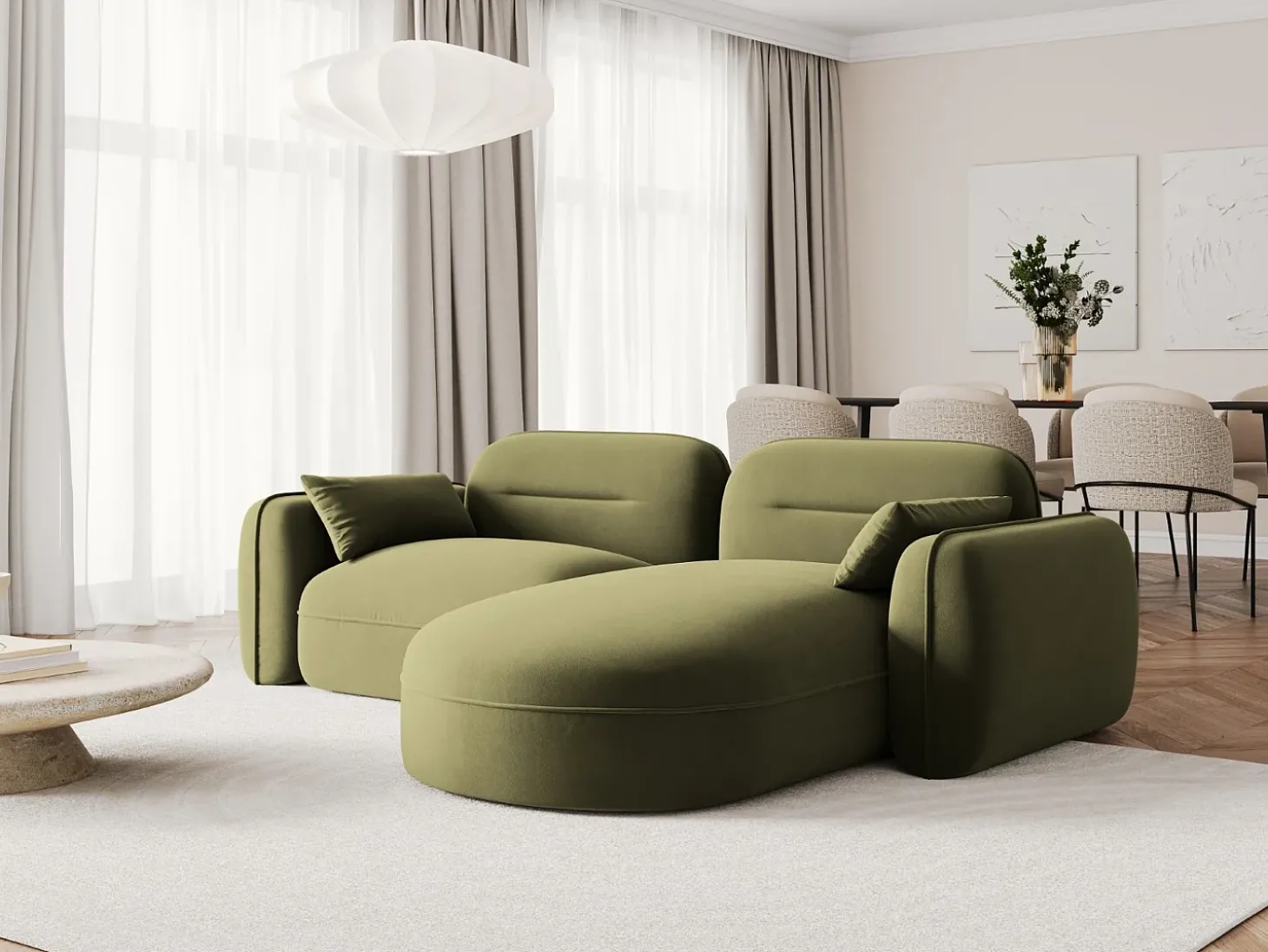 Cosmopolitan Design - Sofá modular de canto direito "Sydney" 3 lugares em veludo verde claro - 230x165x70cm