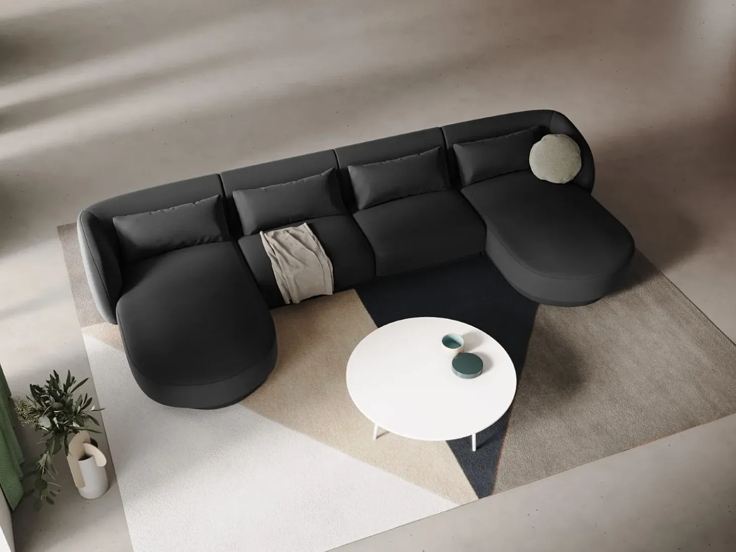 Cosmopolitan Design - Sofá panorâmico "Tulum" 5 lugares em veludo cinza - 330x156x70cm