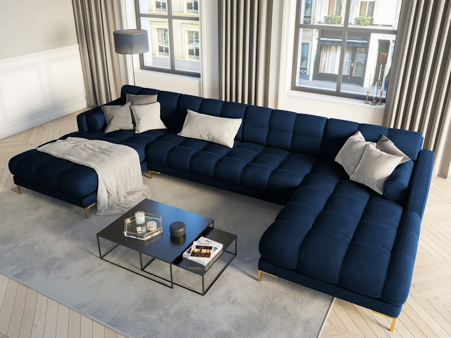 Cosmopolitan Design - Sofá panorâmico "Bali" 7 lugares em veludo azul real - 383x185x75cm
