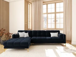 Cosmopolitan Design - Sofá de canto esquerdo "Bali" 5 lugares em veludo azul escuro - 293x185x75cm