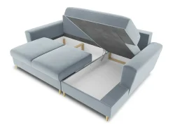 Cosmopolitan Design - Sofá convertível de canto direito com caixa de arrumação "Kyoto" 4 lugares em veludo azul claro - 241x145x88cm