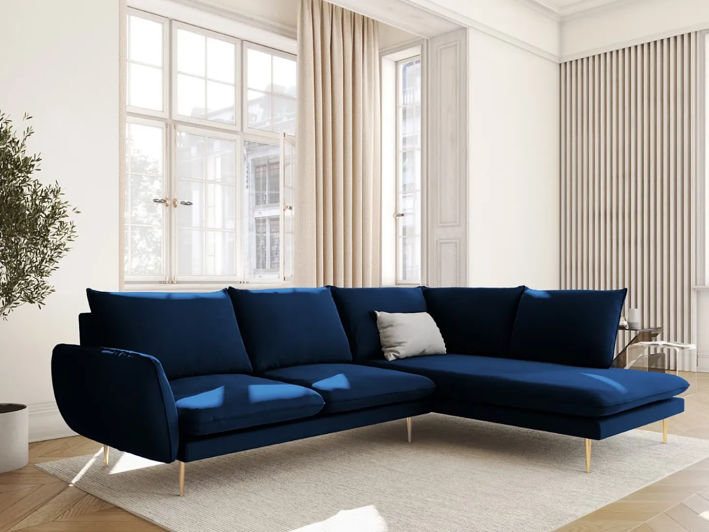 Cosmopolitan Design - Sofá de canto direito "Vienna" 6 lugares em veludo azul real - 275x185x95cm