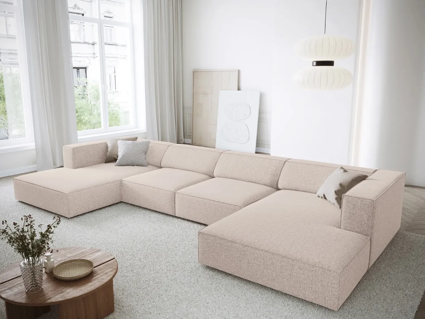 Cosmopolitan Design - Sofá panorâmico "Arendal" 6 lugares em tecido chenille bege - 364x166x70cm