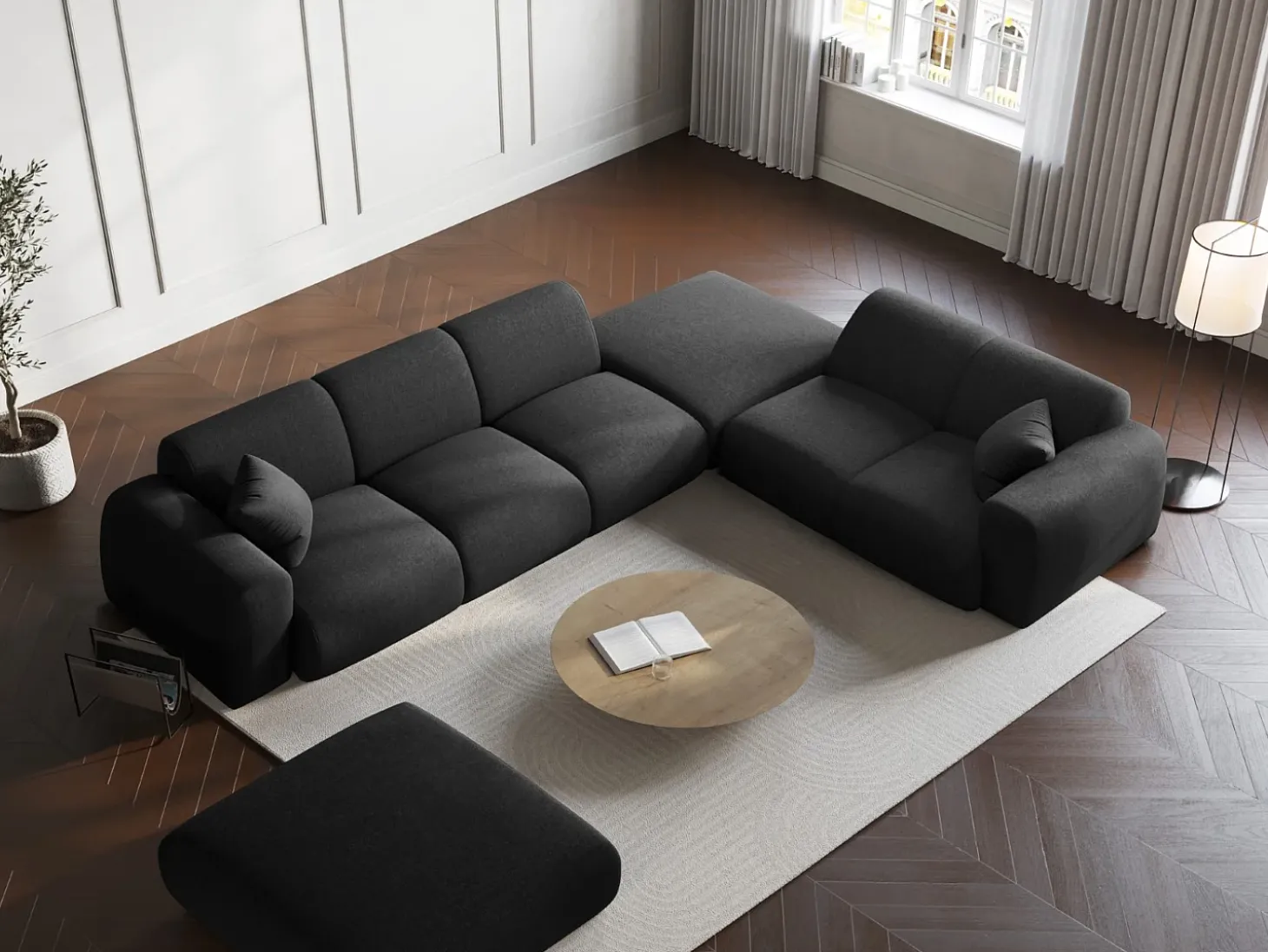 Cosmopolitan Design - Sofá de canto direito "Nolio" 4 lugares em tecido chenille preto - 315x250x72cm