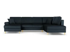 Cosmopolitan Design - Sofá panorâmico convertível em linha reta com caixa de arrumação "Kyoto" 7 lugares em veludo azul escuro - 313x194x88cm
