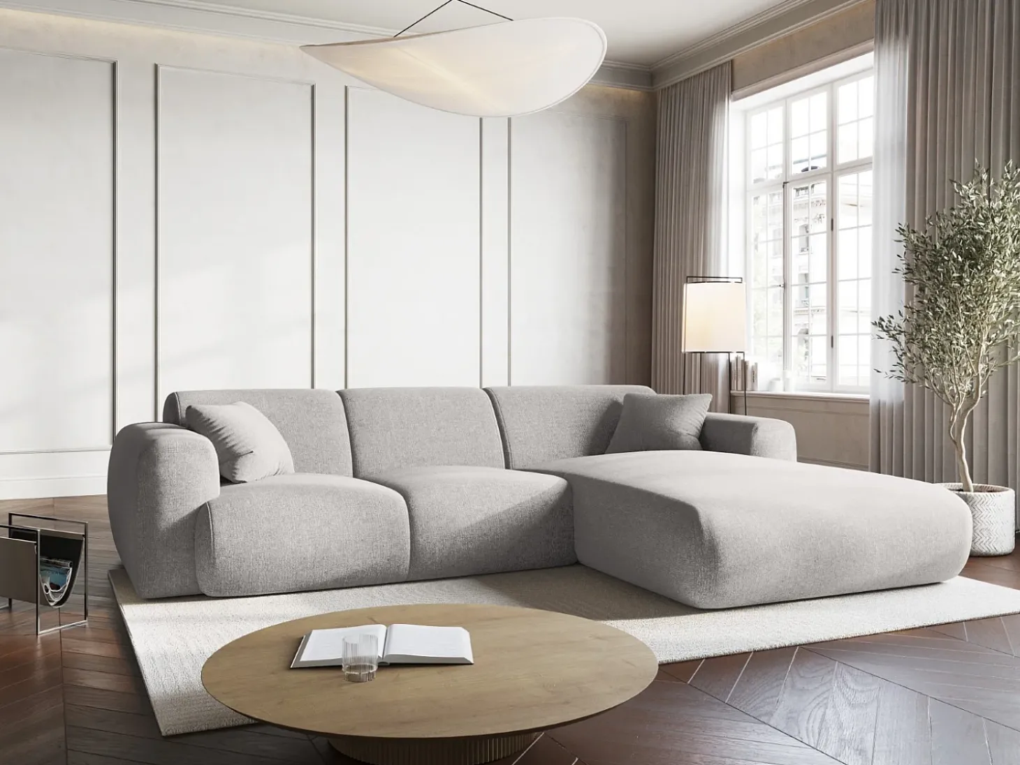 Cosmopolitan Design - Sofá de canto direito "Nolio" 4 lugares em tecido chenille cinza claro - 260x170x72cm