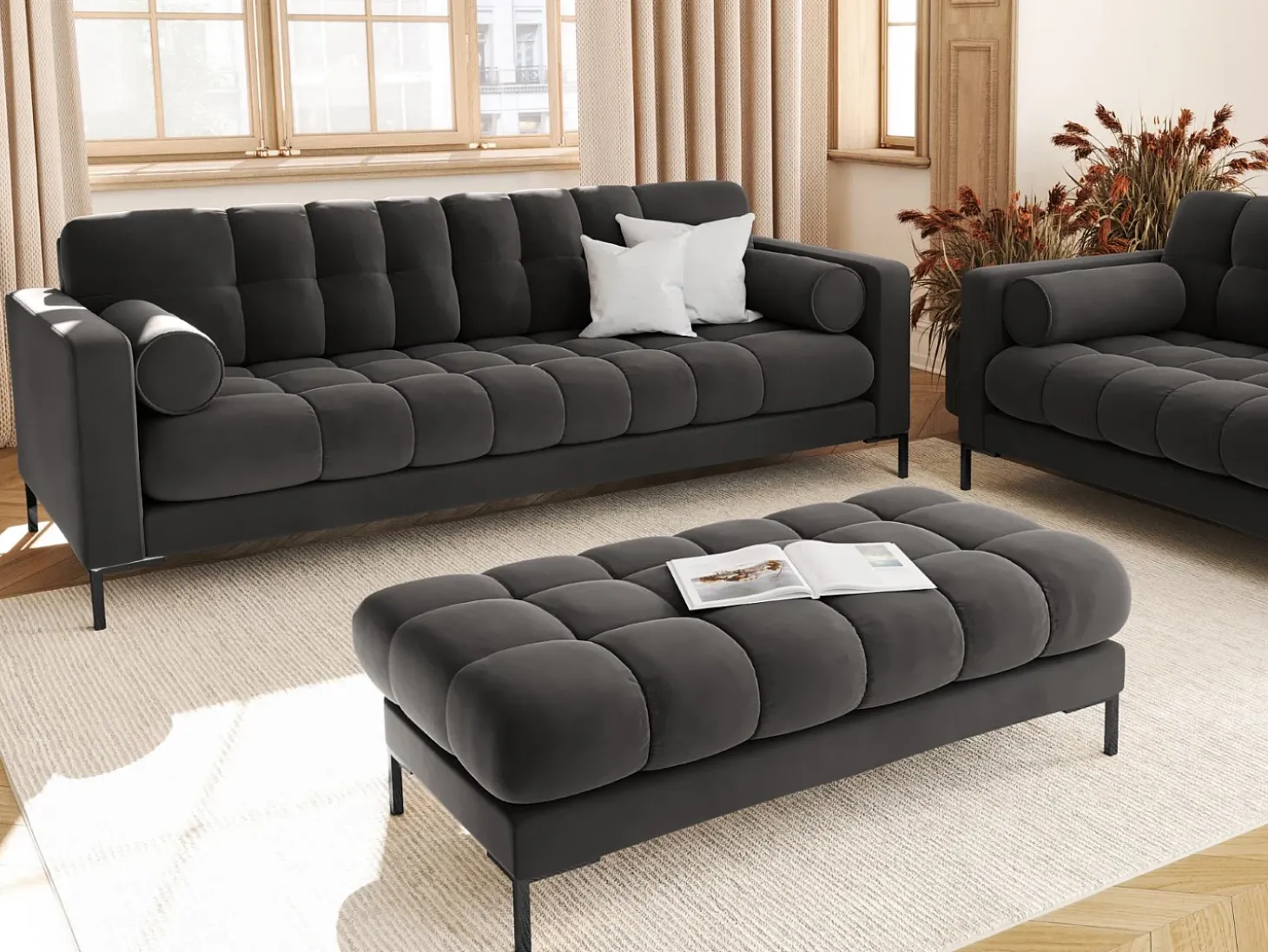 Cosmopolitan Design - Sofá "Bali" 3 lugares em veludo cinza escuro - 177x92x75cm
