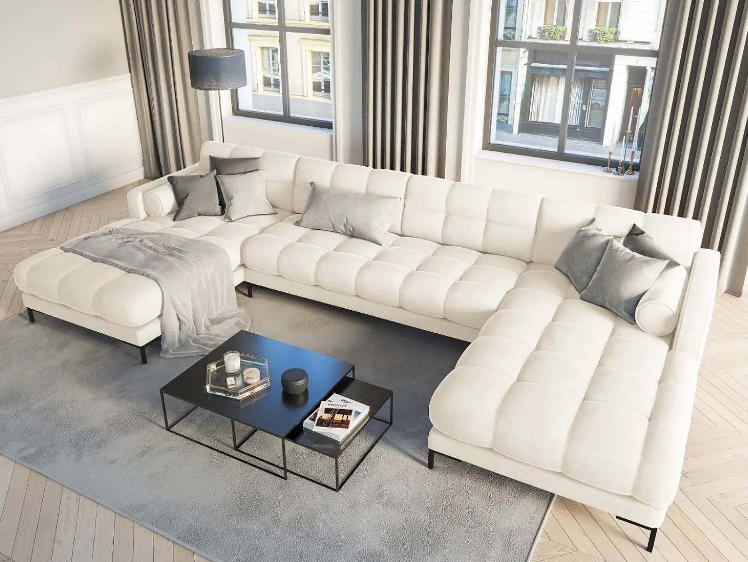 Cosmopolitan Design - Sofá panorâmico "Bali" 7 lugares em veludo bege claro - 383x185x75cm
