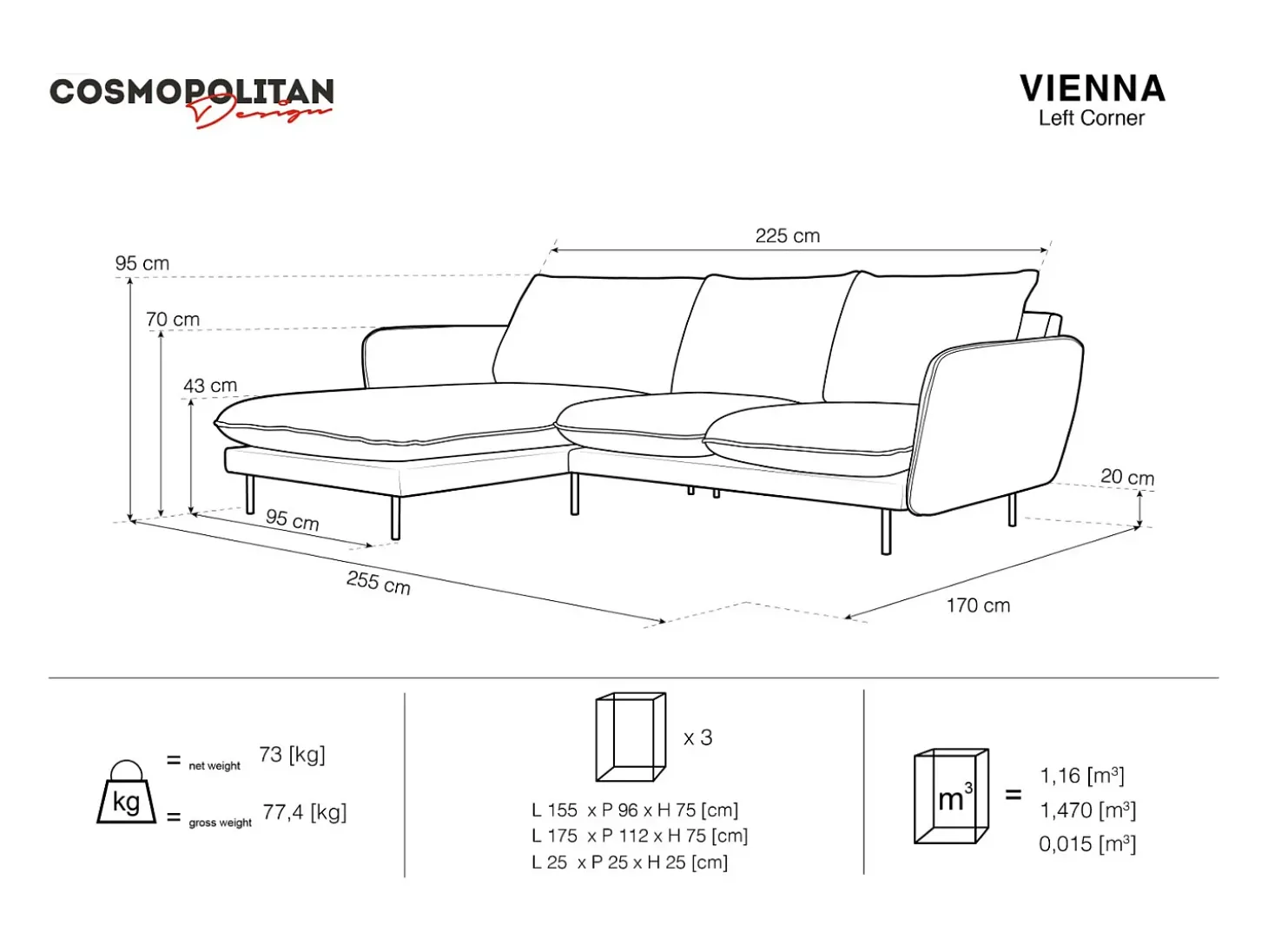 Cosmopolitan Design - Sofá de canto esquerdo "Vienna" 5 lugares em tecido bouclé bege - 255x170x95cm