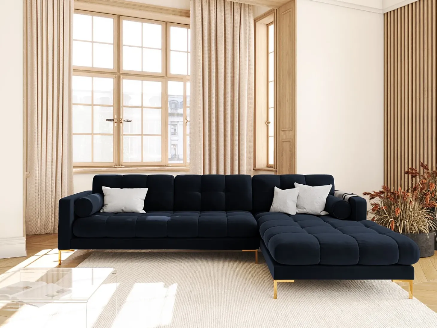 Cosmopolitan Design - Sofá de canto direito "Bali" 5 lugares em veludo azul escuro - 293x185x75cm