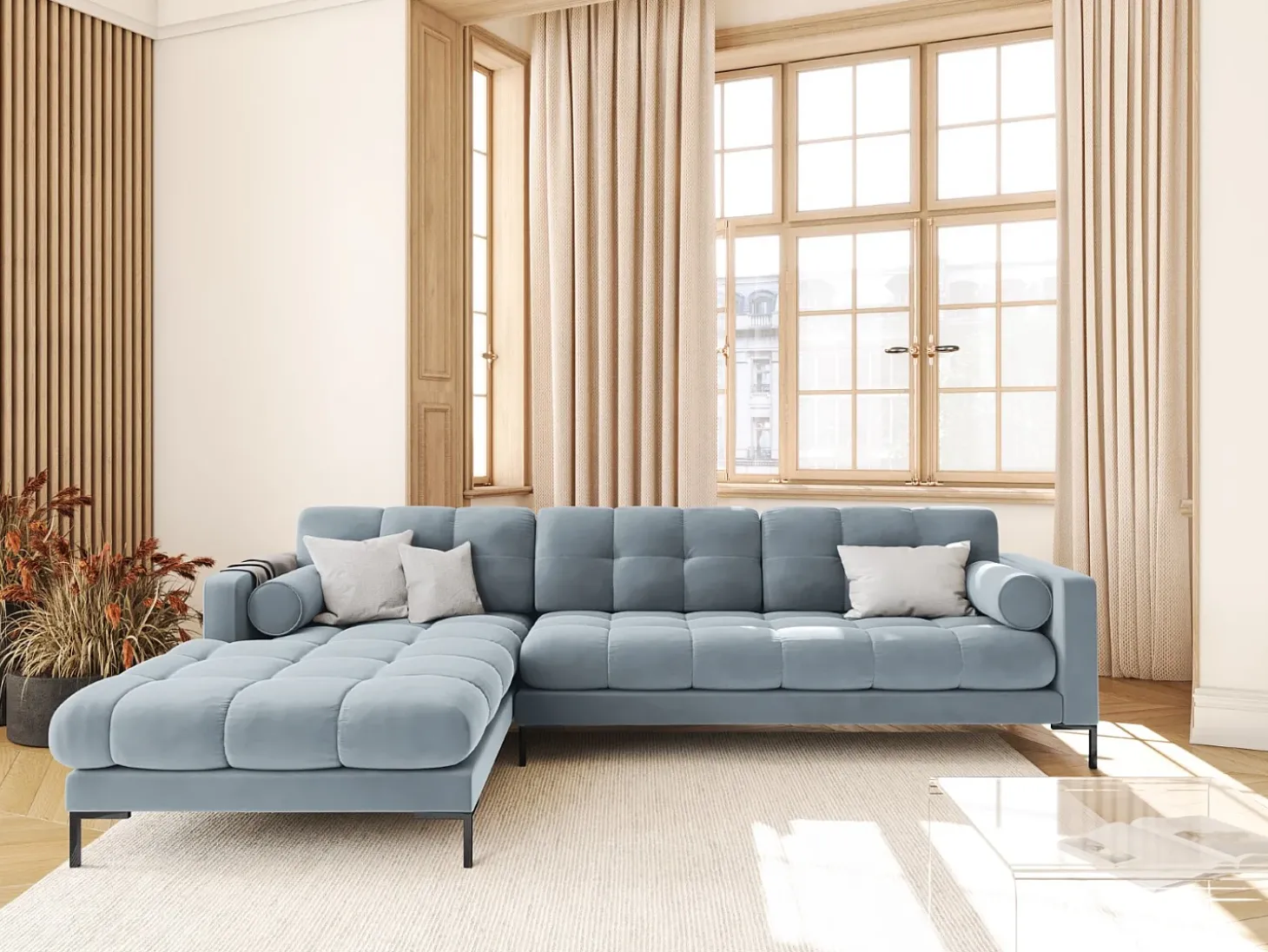 Cosmopolitan Design - Sofá de canto esquerdo "Bali" 5 lugares em veludo azul claro - 293x185x75cm
