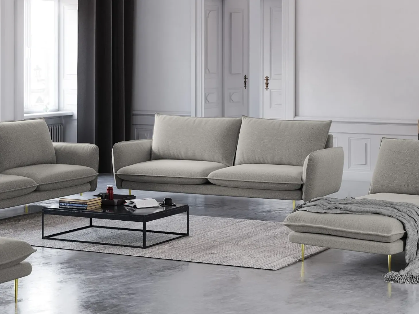 Cosmopolitan Design - Sofá "Vienna" 3 lugares em tecido estrutural cinza claro - 200x92x95cm