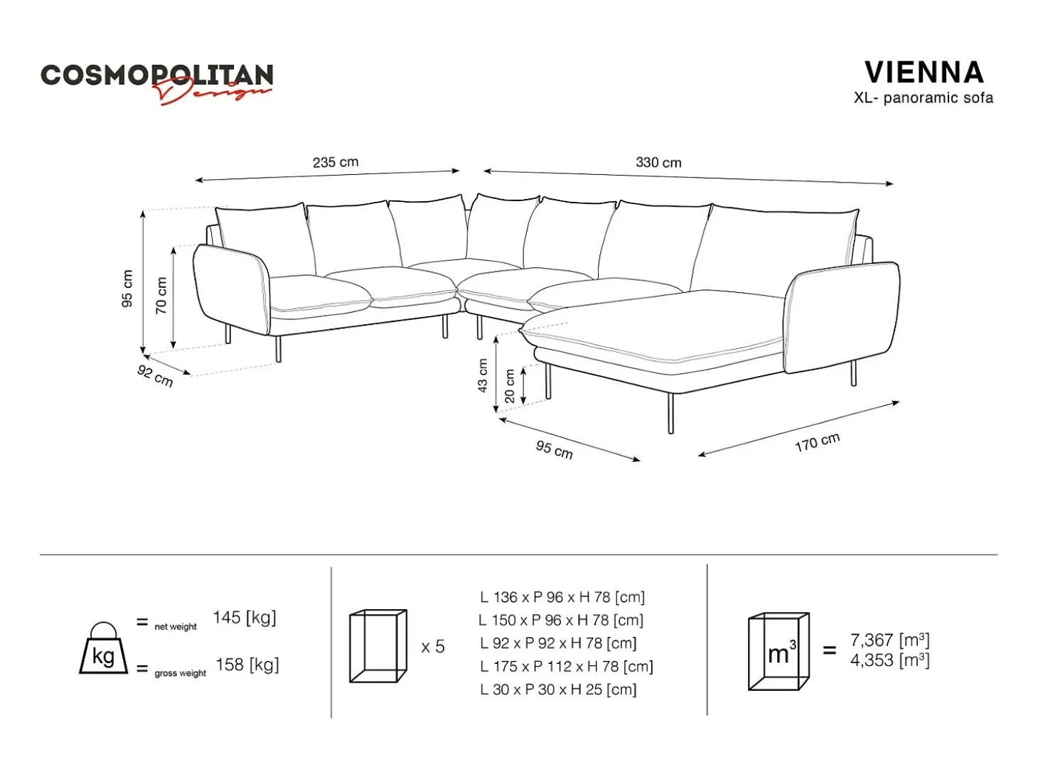Cosmopolitan Design - Sofá de canto panorâmico à esquerda "Vienna" 7 lugares em veludo verde garrafa - 330x235x95cm