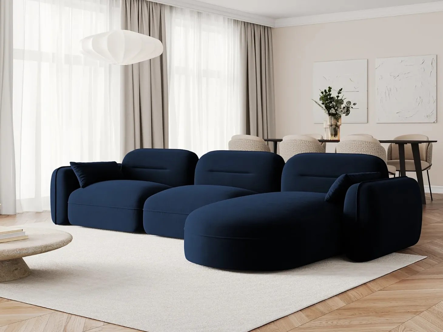 Cosmopolitan Design - Sofá modular de canto direito "Sydney" 4 lugares em veludo azul real - 320x165x70cm