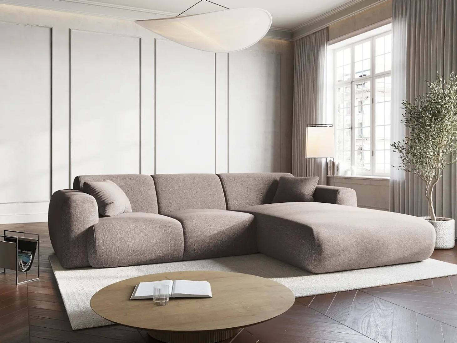 Cosmopolitan Design - Sofá de canto direito "Nolio" 4 lugares em tecido chenille bege - 260x170x72cm