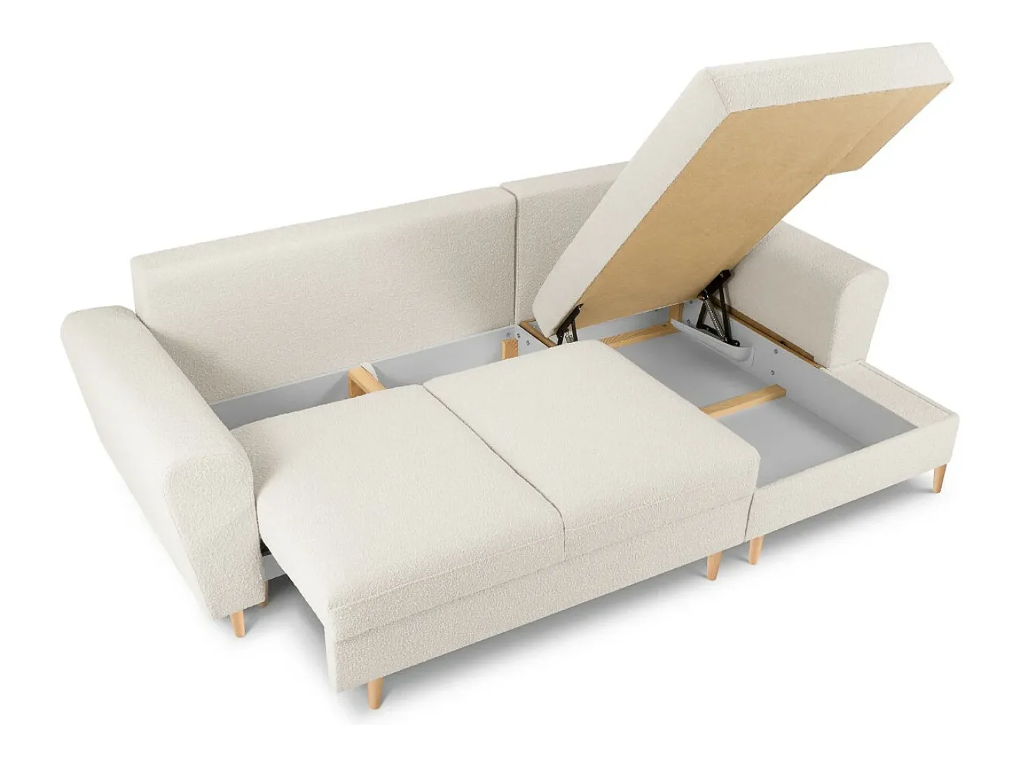 Cosmopolitan Design - Sofá convertível de canto direito com caixa de arrumação "Kyoto" 4 lugares em tecido bouclé bege - 241x145x88cm