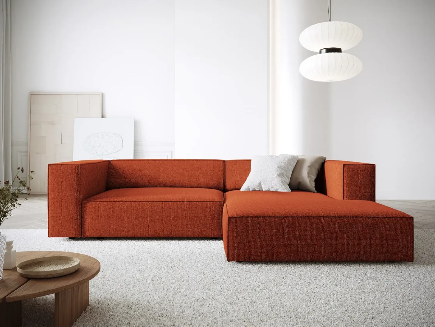 Cosmopolitan Design - Sofá de canto direito "Arendal" 3 lugares em tecido chenille terracota - 224x166x70cm