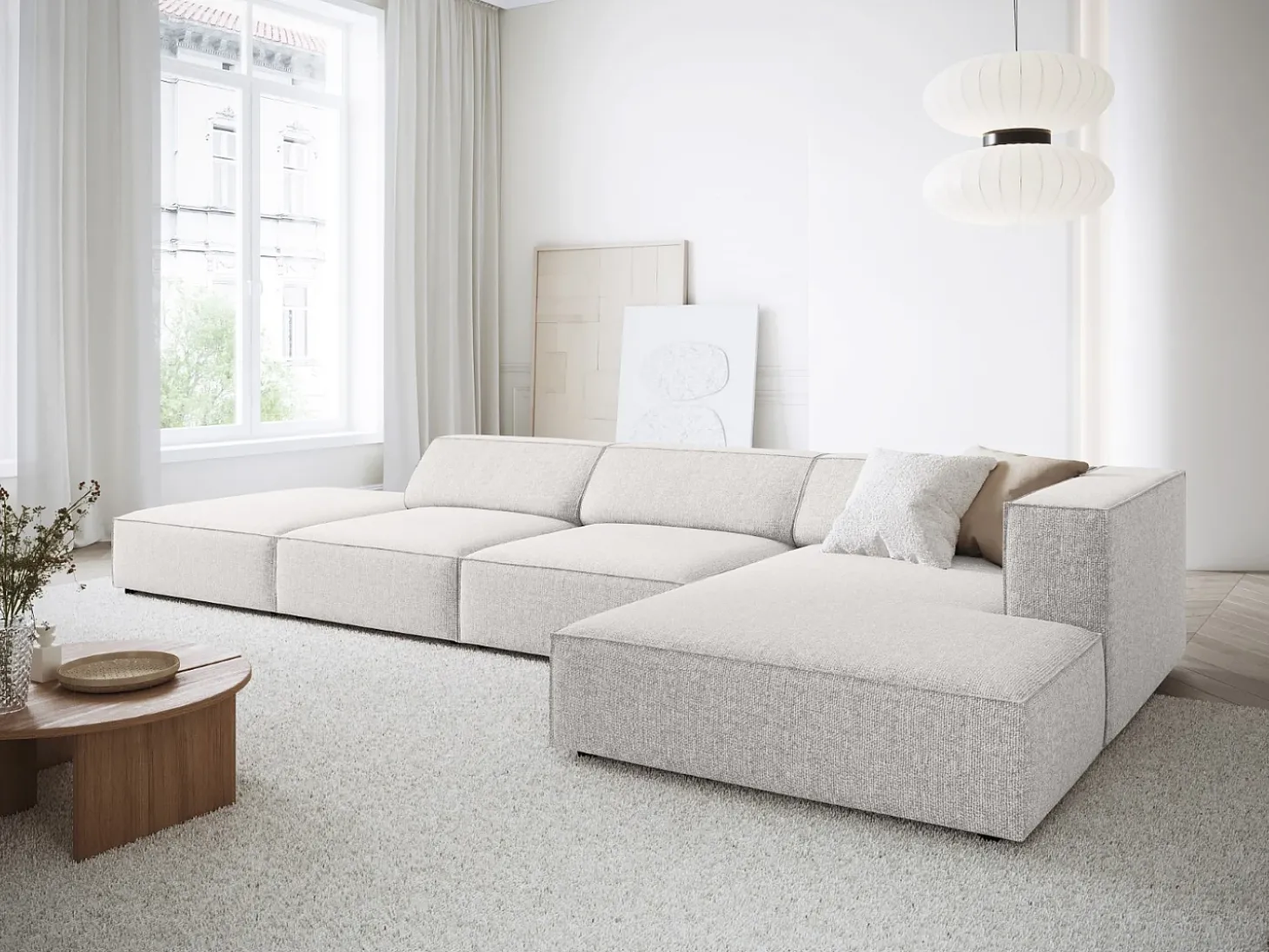 Cosmopolitan Design - Sofá de canto direito "Arendal" 5 lugares em tecido chenille cinza claro - 341x166x70cm