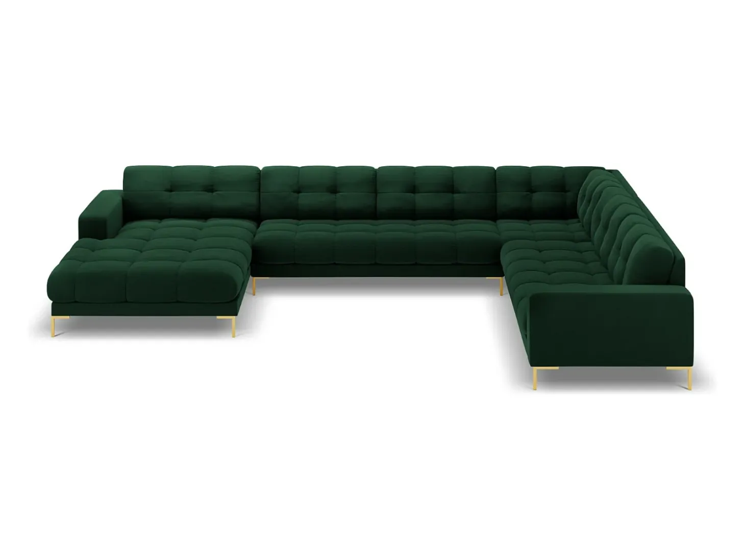 Cosmopolitan Design - Sofá de canto direito panorâmico "Bali" 7 lugares em veludo verde garrafa - 327x256x75cm