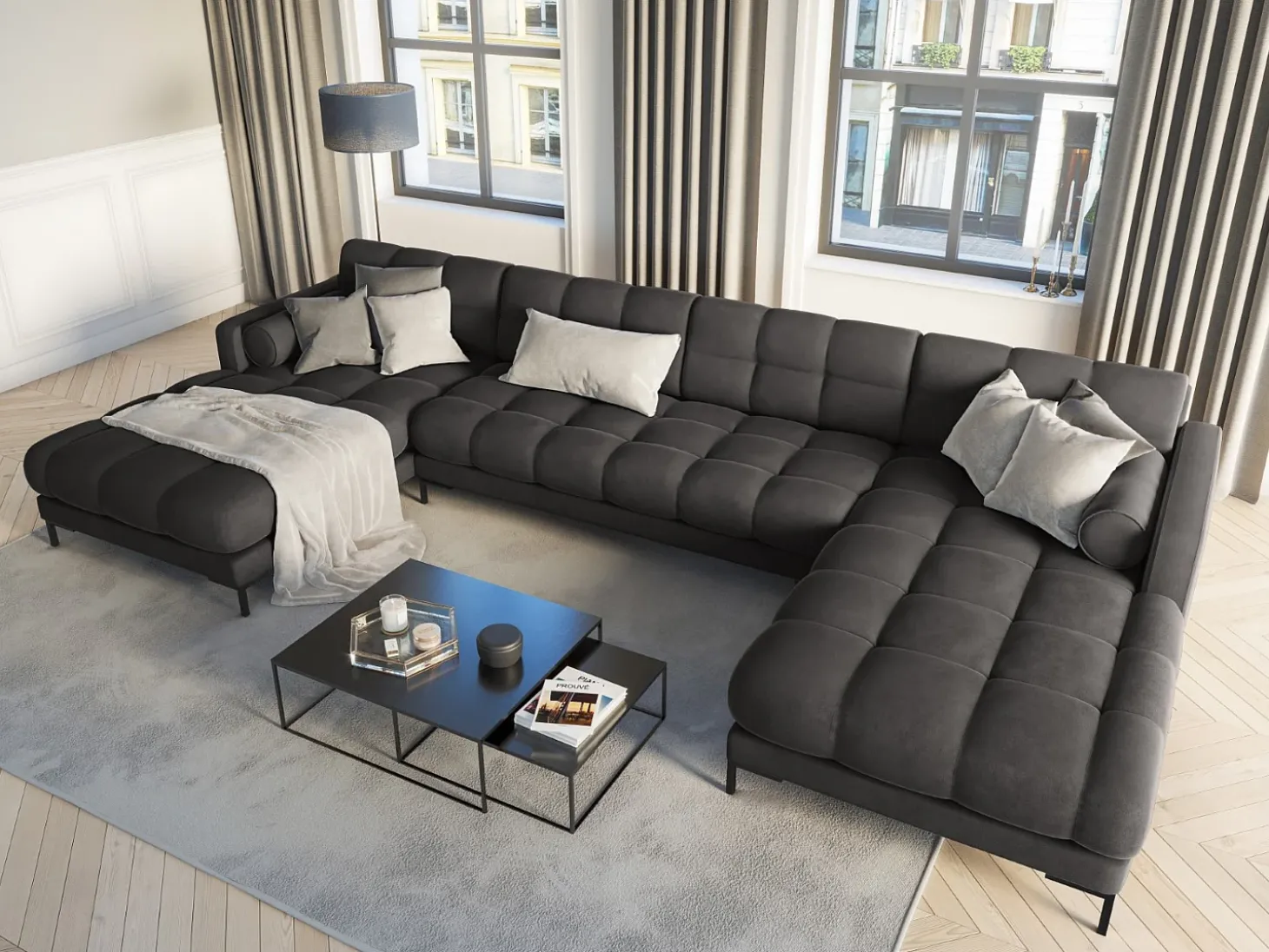 Cosmopolitan Design - Sofá panorâmico "Bali" 7 lugares em veludo cinza escuro - 383x185x75cm